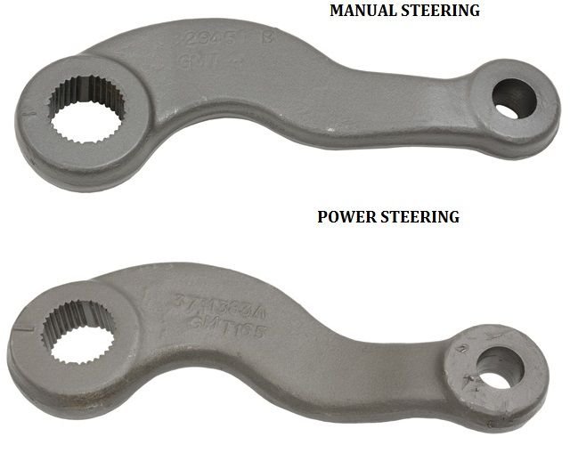 Two different Pitman arms. I need to get two of them side by side to see what the difference is. Is it Clocking? or angle? Probably the PS version needed to move the connection point a little for all the hoses to clear. Look at the missing spline spacer in the gearbox connection. It is at a different clock angle.