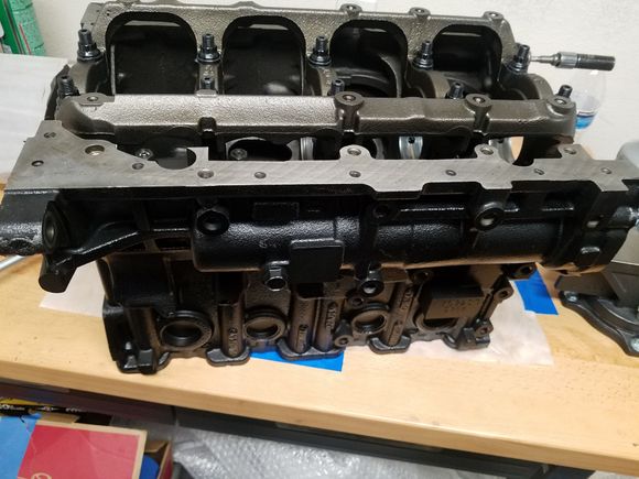 Had to move the damn engine block to my table to get to the last two main bearing bores.  I don't have a 7 foot dial bore gauge.