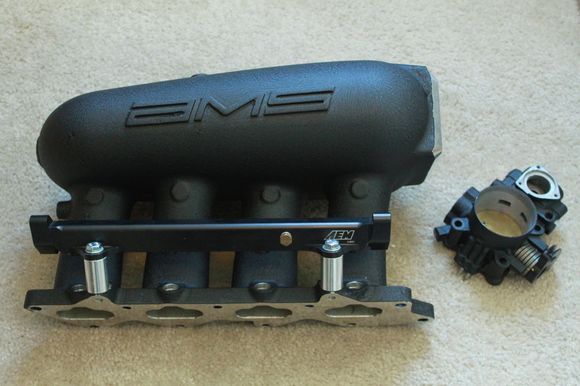 ams f1i intake manifold, aem fuel rail, buschur 65mm ported throttle body coated wrinkle black