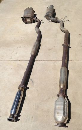 Pretty lame how the cat is offset from the downpipe. Cat heatshield was pre-beaten in when I got it to clear the chassis. The resonator on the Vishnu system probably doesn't do much where it is, and the flange downstream is a leaker.