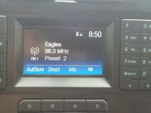 On this station the Eagles happen to be playing. Also up next to the time of day in the upper right it shows the battery life and service available to my cell phone which is connected to the truck via Bluetooth.