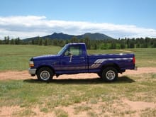 95  F150.  XL Sport.  5.0, 5spd.   Sapphire blue with Opal interior trim.  Stock truck  with added chrome tailgate guard, mud guards, and bug/nose shield.  Born at Wayne, MI truck plant.