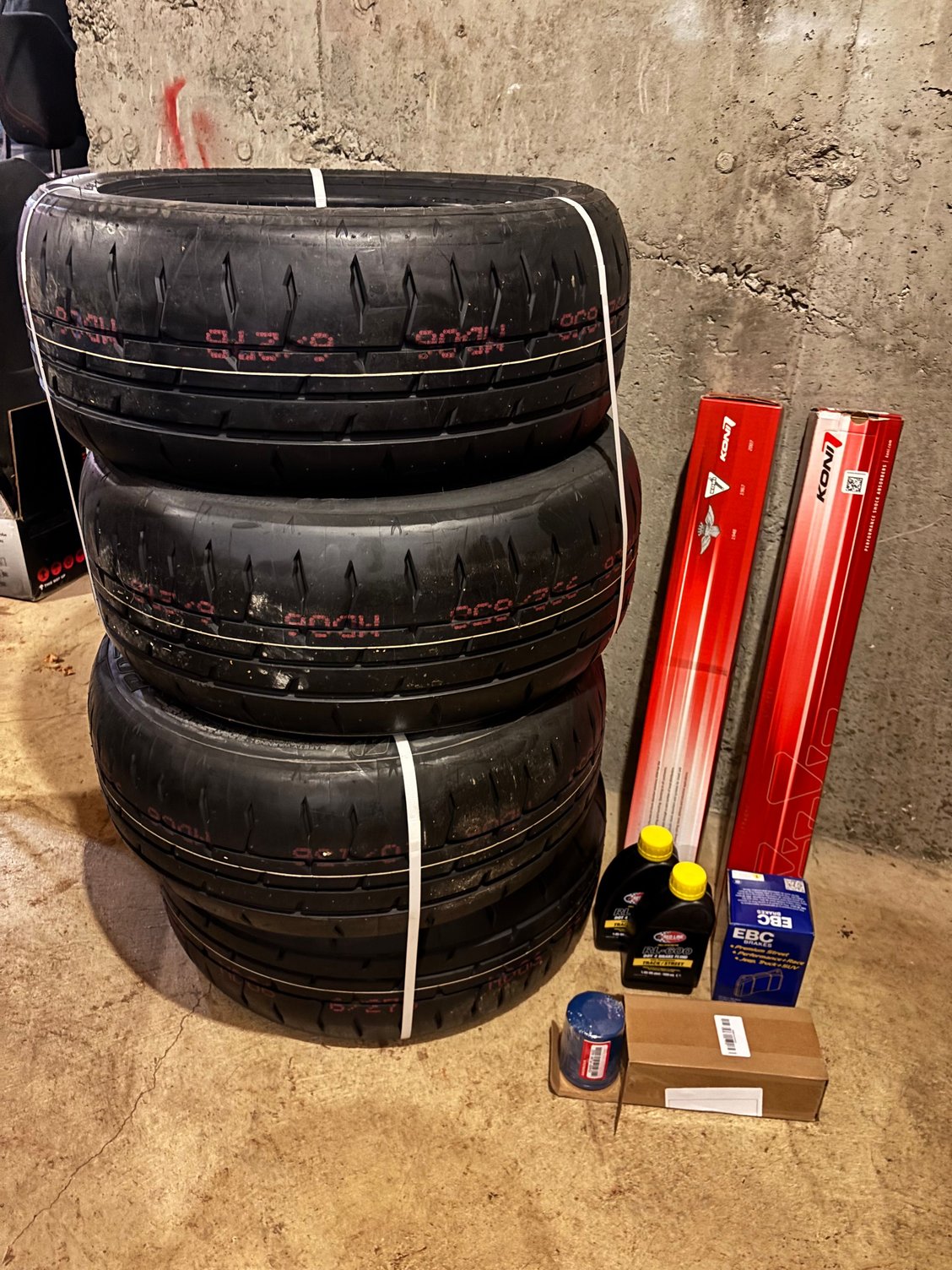 Bridgestone potenza RE71R, Koni Orange Rear Shock Absorbers, EBC Redstuff brake pads, Redline Brake fluid, & OEM oil filter stock