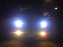 new HID headlights and JDM yellow fog lights at night