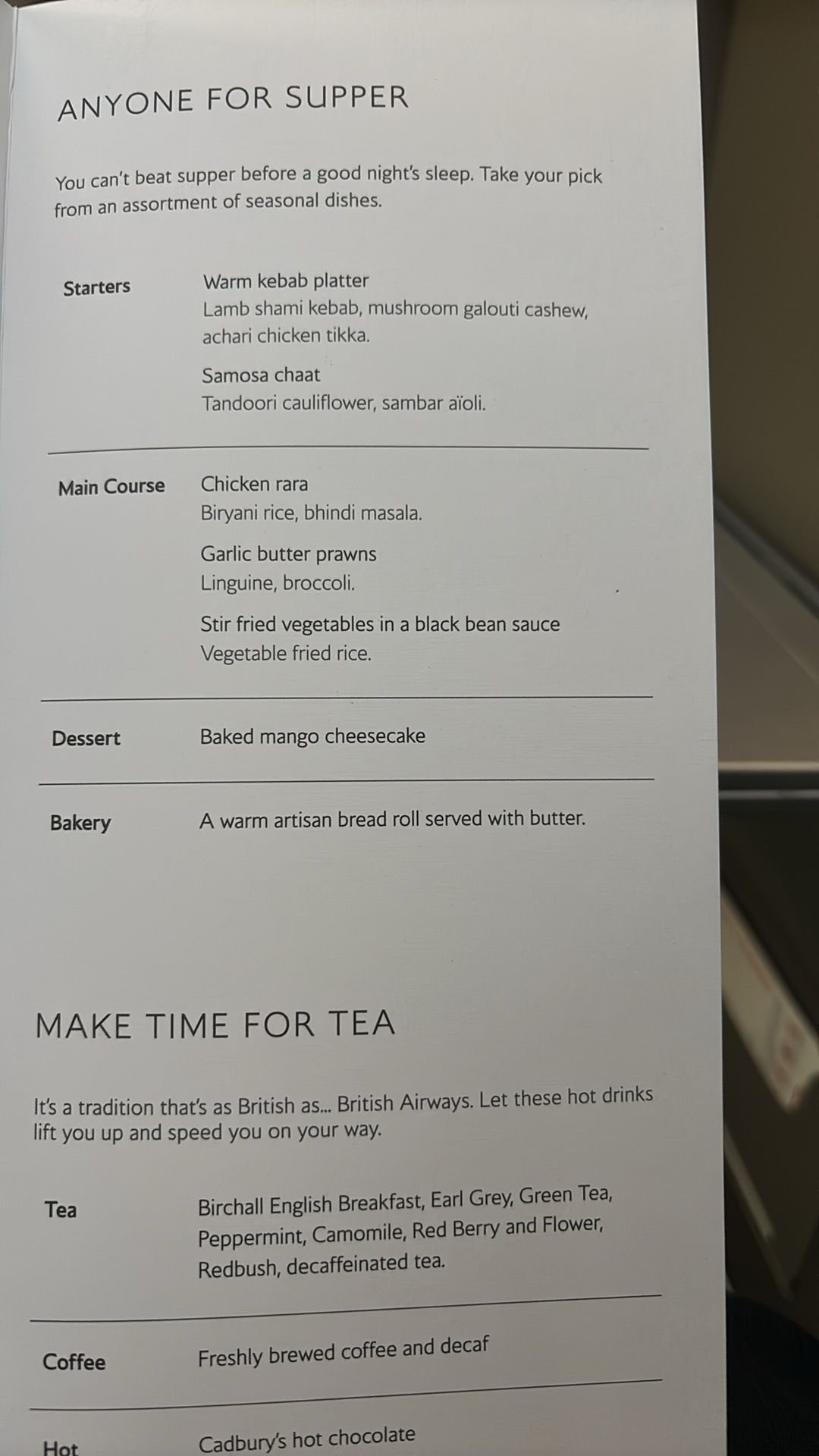 Second menu more appropriate for a lunchtime arrival into London