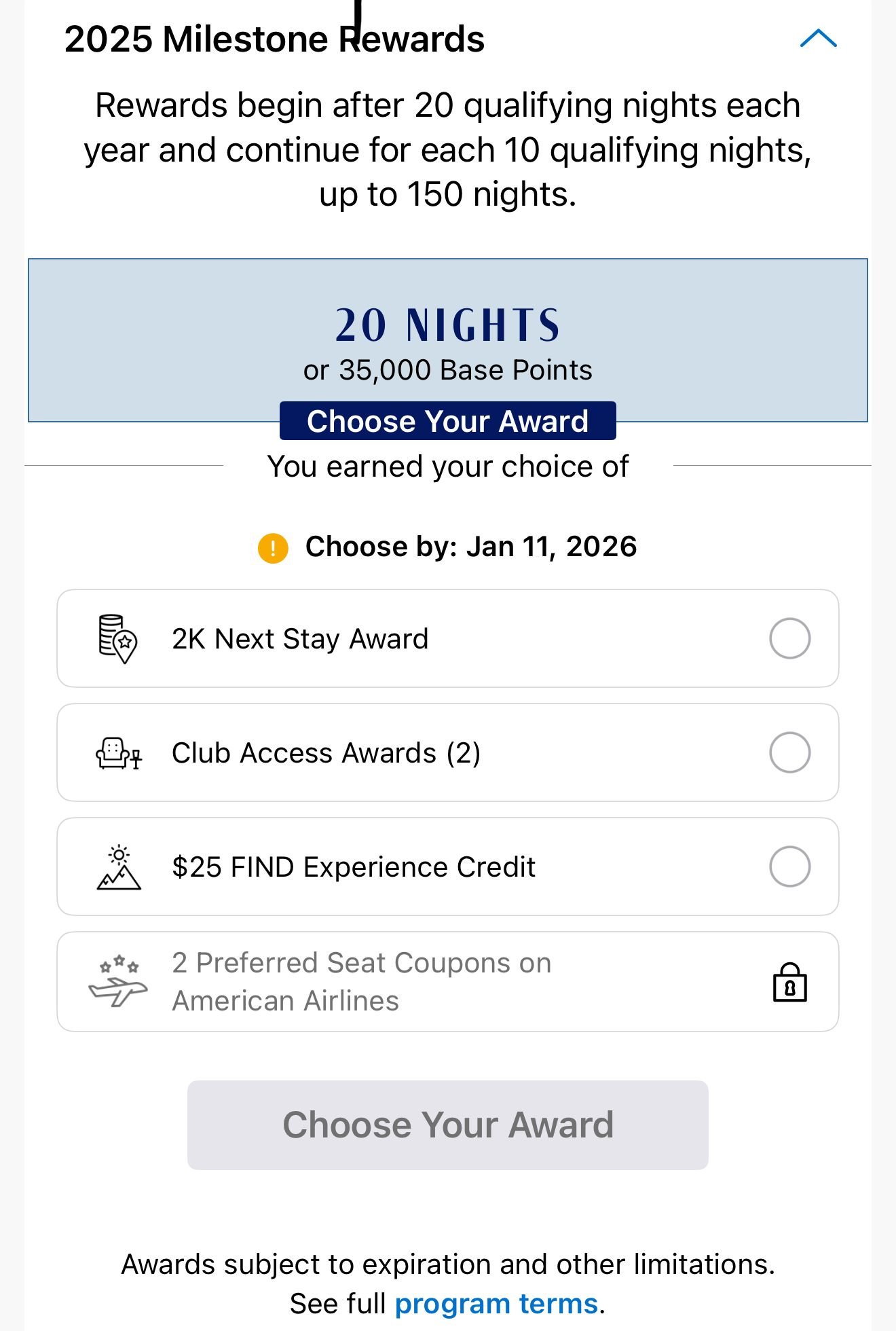 If I select a club access award today from 2025 milestone program, does it expire Feb 2026 or 2027?