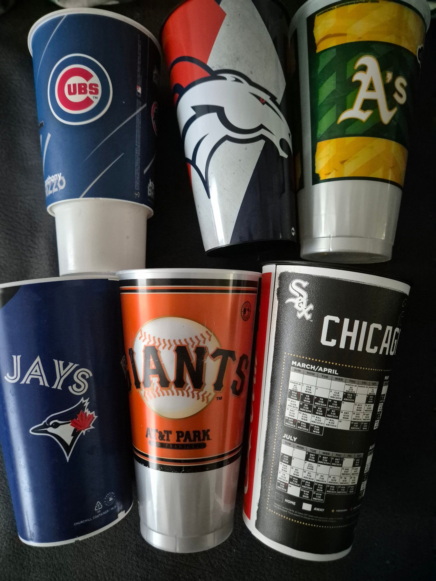Here my collection of some cups. From NFL teams I have Broncos and two Raiders (not visible) only. All others are from MLB teams.