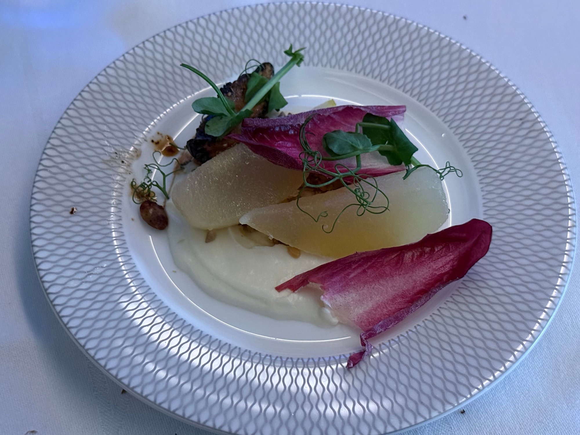 Amuse was OK. Goat cheese had little character.