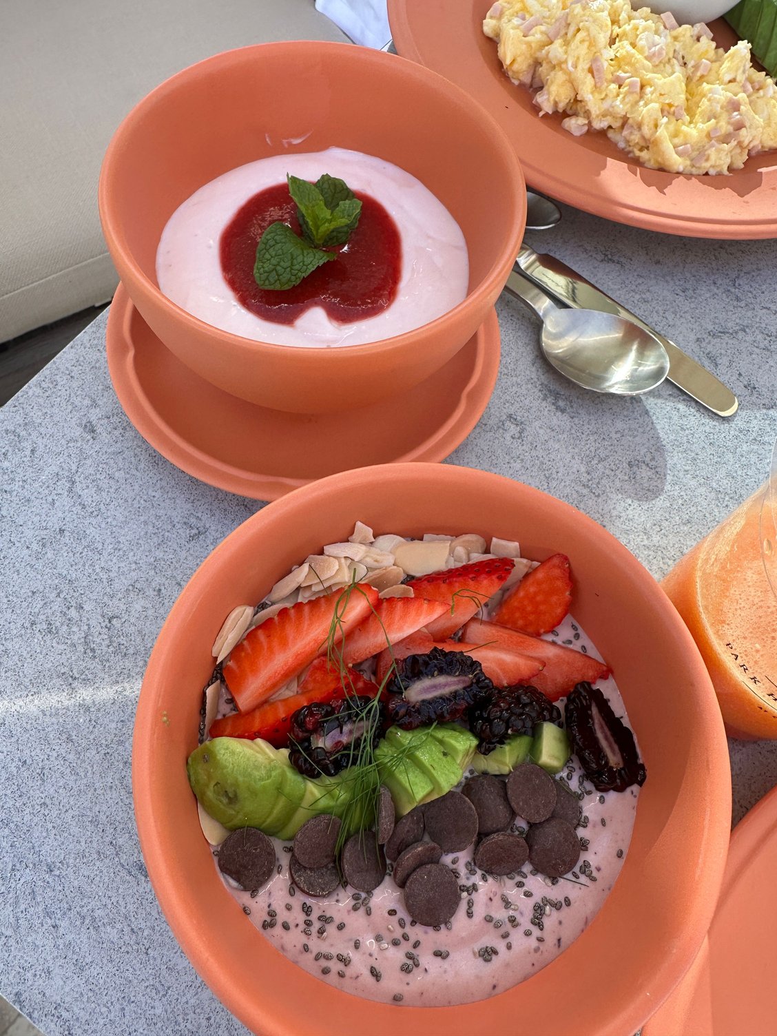 Healthy bowl and berry yogurt at breakfast