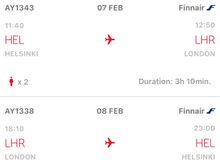 Iberia app showing Finnair bookings