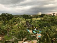 View from the living room terrace : bit cloudy but normal a superb view of Mount Merapi volcano