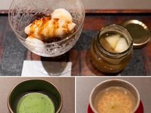 Chestnut ice cream, red bean, warabi mochi, sudachi lemonade with pear. Matcha and Japanese Tea. 