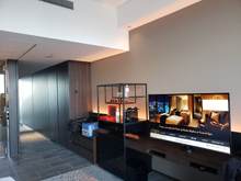 TV, minibar, and closets