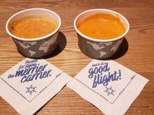 Turkey Lasagna on the left vs Roasted Red Pepper Gouda on the right! No  TL VS RRPG  a  "souper" great match, a clean "flight" although TL run a "fowl!" No TKO, no KO, but RRPG gets the win with an extra point for the "gouda'r flavo(u)r. Souptacular Event! 