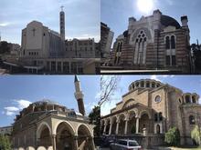 Square of religious tolerance. Clockwise from top left:  Cathedral of St Joseph, Sofia Synagogue, Cathedral Church Sveta Nedelya, Banya Bashi Mosque