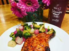 Last nights dinner was baked center cut pork chops, brushed with bbq sauce as they baked. And roasted radishes, broccoli, and Brussels sprouts with Cavenders seasoning.