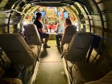 Looking forward from the rear pressure bulkhead to the waist gunner seats with the raised Master Gunner swivelling chair in the middle.
