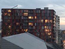 View on the Calypso building from the bathroom and southern window - the aforementioned couple hadn't started their show yet.