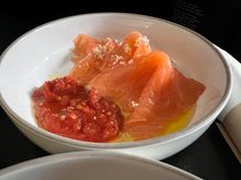 Smoked salmon - tomato conserva.

Missing the crostini for some reason though.  Would have been nice to have the crostini with this.

