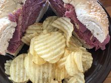 So, my sandwich yesterday was so huge that I was able to make this big of a sandwich on a bagel for lunch today with the meat from half of it. 