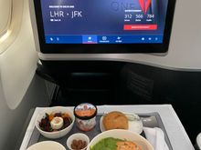 From LHR: roasted salmon with watercress sauce..flavorful and tasty. The cream of celeriac soup with truffle tapanade was excellent 