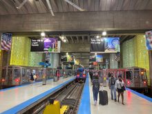 Taking the Blue Line into the city to begin the hard work.   Wish us luck!