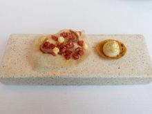 Second amuse bouche: A fish-based "taco" with beef tartare topping, with a cheese cream bite on the side. Sorry at the lack of details--the amuse bouche weren't on the menu proper, so I didn't have materials to refer back to later.