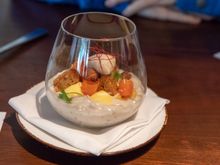 Dessert #2: Coconut tapioca with carrot cake, pineapple allspice sorbet, curried cashews, and saffron. This was really nice, with all the flavors and textures working together. I don't think I'd like just the tapioca, but with everything else.... it was great.