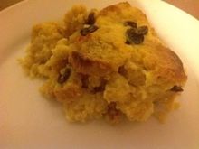 Leftover pumpkin cornbread made into a “bread and butter pudding”