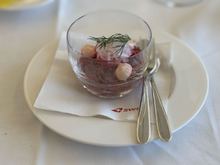 Beetroot tartar with sour cream, wasabi and pickled radish