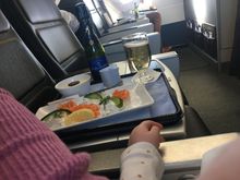 ABZ lunch today. Smoked salmon and a raspberry pudding. Note the hand of little miss, fast asleep on my lap! 