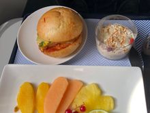 Breakfast LHR-JER this am - muesli, fruit platter and a decent egg/tomato/cheese roll. 