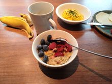 Oatmeal, vegan curry, cheese and humus