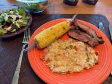 with Costco’s reconstituted hash browns grilled in foil with onions, peppers, butter and salt and pepper and corn. 