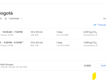 Reasonable business fare to Bogota from Heathrow.  Make it a 5 day holiday for double TP?  330/350 LHR MAD as well.