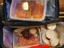 Fresser Platter to-go. I had the two latkes when I got home. Not shown are two slices of sourdough toast and two toasted bagels.