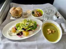 Golden beetroot and goat's cheese salad toasted with savory seed granola, elderflower dressing. 

Courgette and basil soup with herb croûtons.