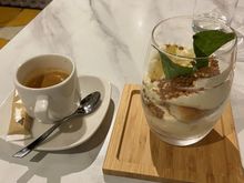 tiramisu without coffee, and a coffee
