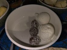 coconut nougat (coconut ice cream subbed since they ran out of rum and raisin ice cream)