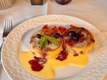 Breakfast Mains - Dark chocolate and sour cream pancakes crème Anglaise. 

That was one heck of a thick pancake. Very strange dish, tastes like spongey cake. 2/10