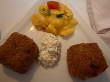 Main- Beef with potatoes and tartar sauce (I think)