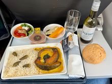 Very good balance of flavour and tasty for a veggie curry.  Unfortunately the Wild Shore bottle top refused to budge so had to be part exchanged.    Quite a busy flight with CE going back to the exits - nice crew and service.