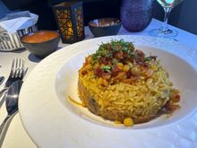 Qatari style prawn machboos with daquoos sauce