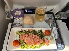 Salmon trout, edamame, spinach and grain salad, seaweed mayo.