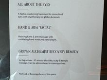Spa Treatment menu, as treatments are 15 min.  Sign up on the kiosk in the rear of the lounge, as the market salad bar area. 