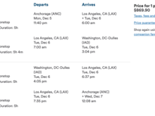 Not a bad deal: $870 or about £705 for 560TPs. This is a straight run, and exhausting to say the least. But it appears the fare stays the same if you wanted to reverse the route and/or stay a few days in either DC or Anchorage. 