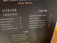 Metropolitan Lounge spirits and food menu