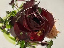 Pretty beet salad with almond crumble and pickled mustard