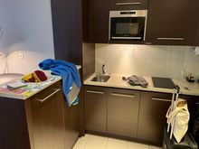 Kitchenette with small dishwasher and 2-burner cooktop. 