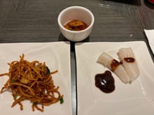Vegetarian wok fried yellow noodle, Steamed chee chong fun with brown dip, Stir fried sliced sausages with Ikan bilis onion